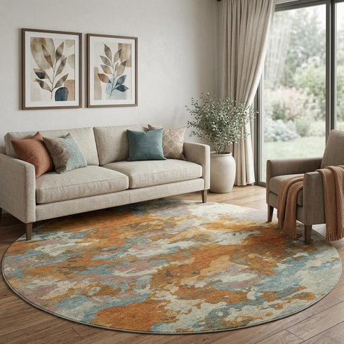 8' X 8' Copper Taupe And Orange Abstract Washable Round Rug With UV Protection