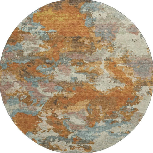 8' X 8' Copper Taupe And Orange Abstract Washable Round Rug With UV Protection