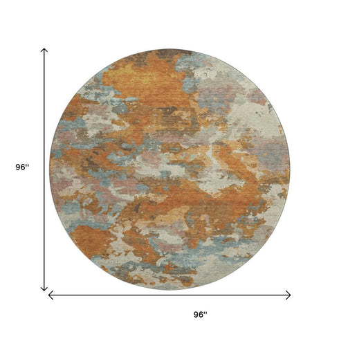 8' X 8' Copper Taupe And Orange Abstract Washable Round Rug With UV Protection