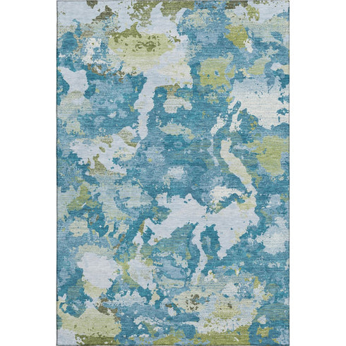 5' X 8' Denim Blue Ivory And Green Abstract Washable Area Rug With UV Protection