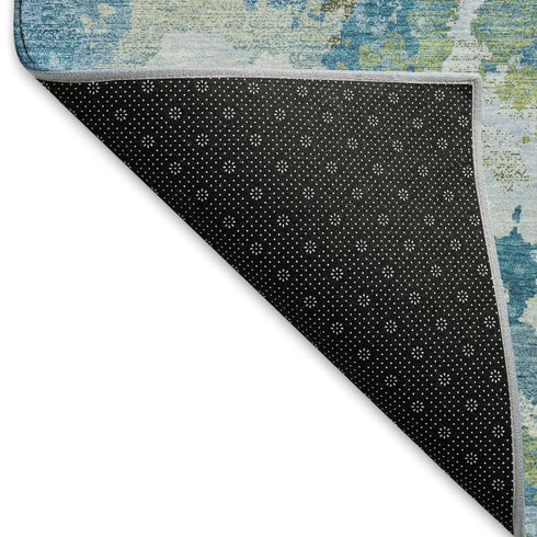 5' X 8' Denim Blue Ivory And Green Abstract Washable Area Rug With UV Protection