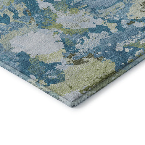 5' X 8' Denim Blue Ivory And Green Abstract Washable Area Rug With UV Protection