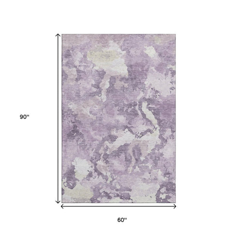 5' X 8' Lavender And Ivory Abstract Washable Area Rug With UV Protection