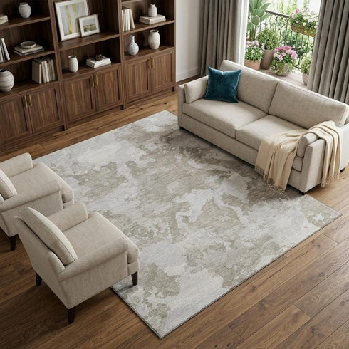 8' Taupe Gray And Silver Abstract Washable Area Rug With UV Protection
