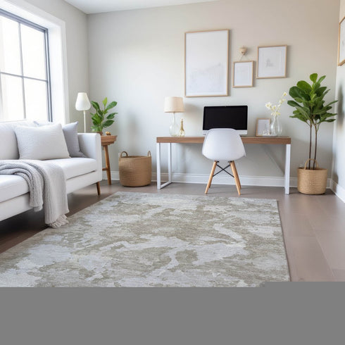 8' Taupe Gray And Silver Abstract Washable Area Rug With UV Protection