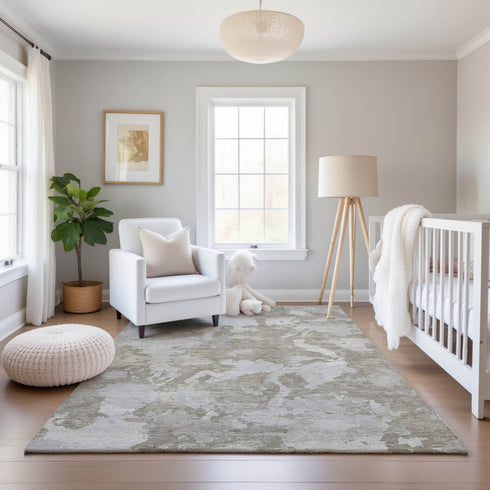 8' Taupe Gray And Silver Abstract Washable Area Rug With UV Protection