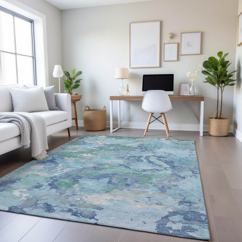 8' Pale Aqua Ivory And Gray Abstract Washable Area Rug With UV Protection