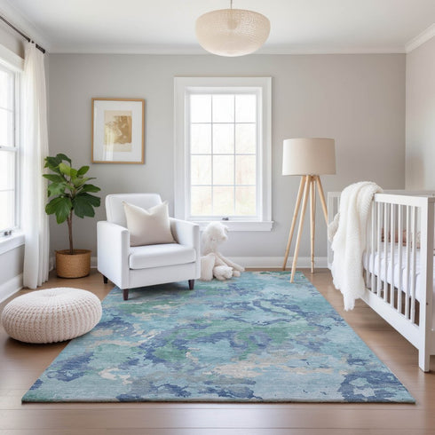 8' Pale Aqua Ivory And Gray Abstract Washable Area Rug With UV Protection