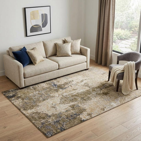 5' X 8' Khaki Beige And Charcoal Abstract Washable Area Rug With UV Protection