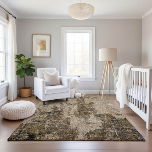 9' X 12' Khaki Beige And Charcoal Abstract Washable Area Rug With UV Protection
