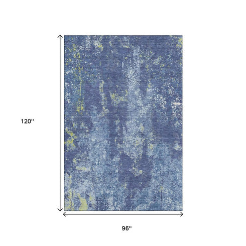 8' Navy Blue And Lime Green Abstract Washable Area Rug With UV Protection