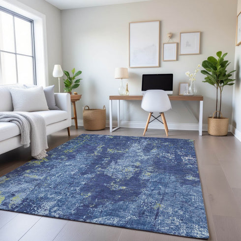8' Navy Blue And Lime Green Abstract Washable Area Rug With UV Protection