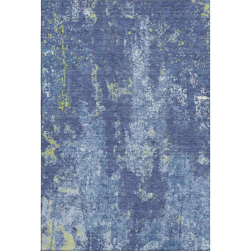 8' Navy Blue And Lime Green Abstract Washable Area Rug With UV Protection