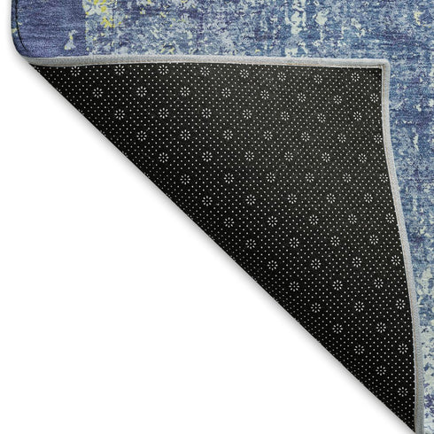 8' Navy Blue And Lime Green Abstract Washable Area Rug With UV Protection