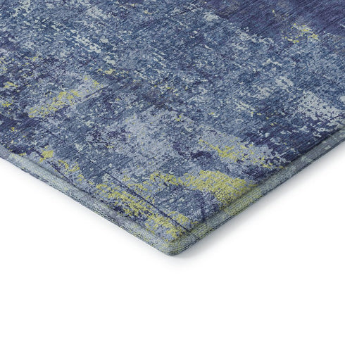 8' Navy Blue And Lime Green Abstract Washable Area Rug With UV Protection