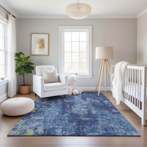 8' Navy Blue And Lime Green Abstract Washable Area Rug With UV Protection