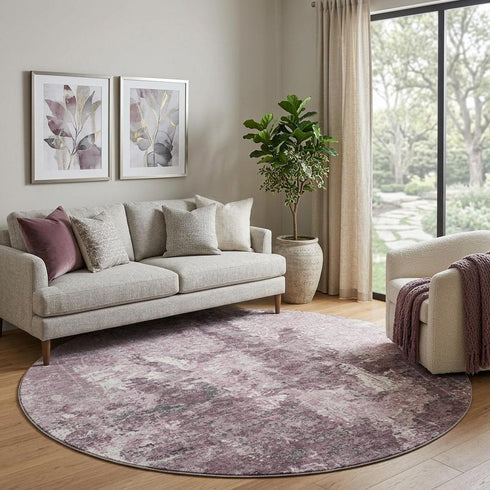 8' X 8' Pink Charcoal And Ivory Abstract Washable Round Rug With UV Protection