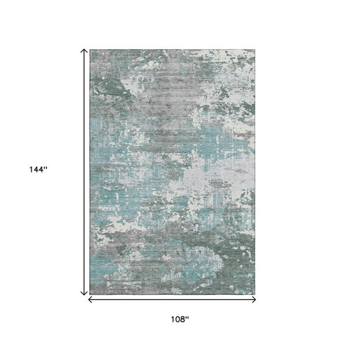 9' X 12' Pale Aqua Ivory And Gray Abstract Washable Area Rug With UV Protection