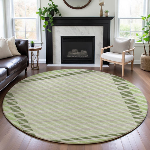 8' X 8' Artichoke Green Ivory And Gray Striped Washable Round Rug With UV Protection