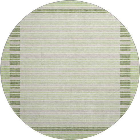 8' X 8' Artichoke Green Ivory And Gray Striped Washable Round Rug With UV Protection