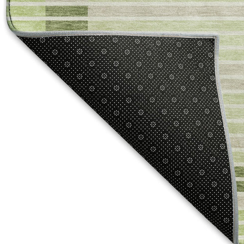 8' X 8' Artichoke Green Ivory And Gray Striped Washable Round Rug With UV Protection