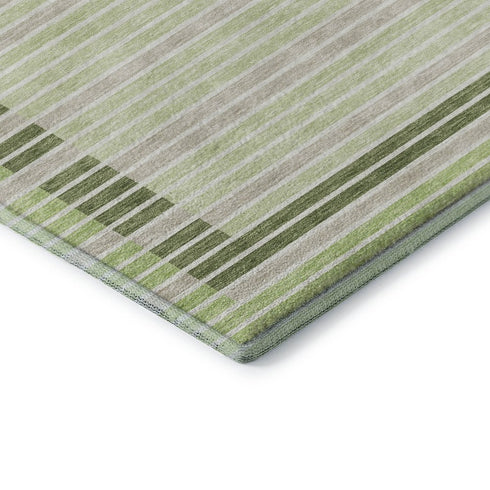 8' X 8' Artichoke Green Ivory And Gray Striped Washable Round Rug With UV Protection