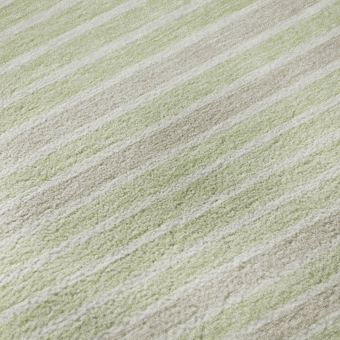 8' X 8' Artichoke Green Ivory And Gray Striped Washable Round Rug With UV Protection
