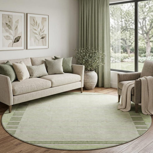 8' X 8' Artichoke Green Ivory And Gray Striped Washable Round Rug With UV Protection