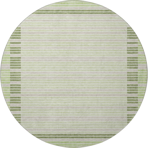 8' X 8' Artichoke Green Ivory And Gray Striped Washable Round Rug With UV Protection