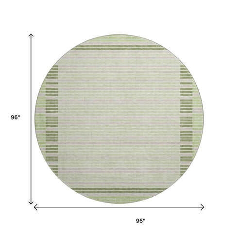 8' X 8' Artichoke Green Ivory And Gray Striped Washable Round Rug With UV Protection