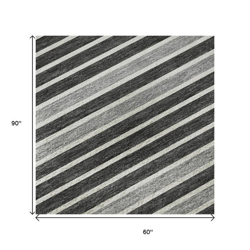 5' X 8' Black Gray And Silver Striped Washable Area Rug With UV Protection
