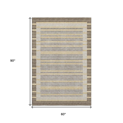 5' X 8' Brown Gold And Silver Striped Washable Area Rug With UV Protection