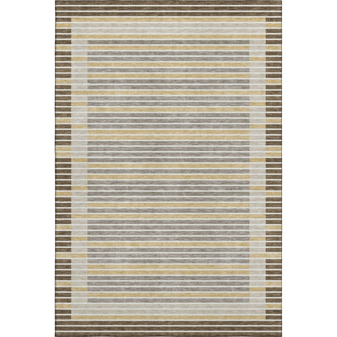 5' X 8' Brown Gold And Silver Striped Washable Area Rug With UV Protection