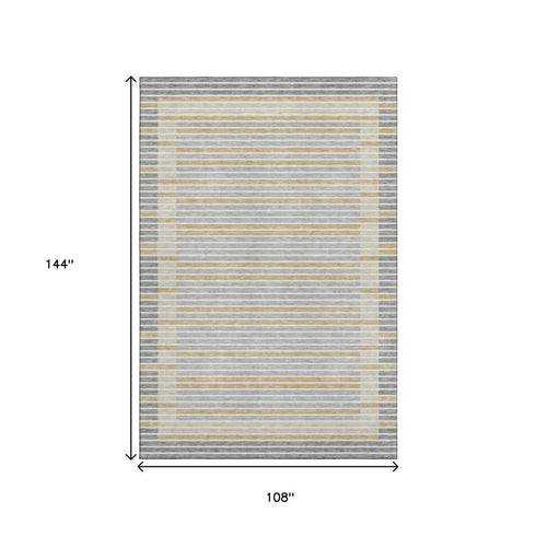 9' X 12' Gray Gold And Silver Striped Washable Area Rug With UV Protection