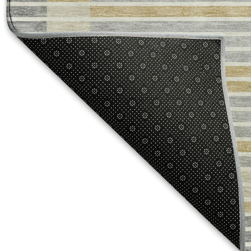 9' X 12' Gray Gold And Silver Striped Washable Area Rug With UV Protection