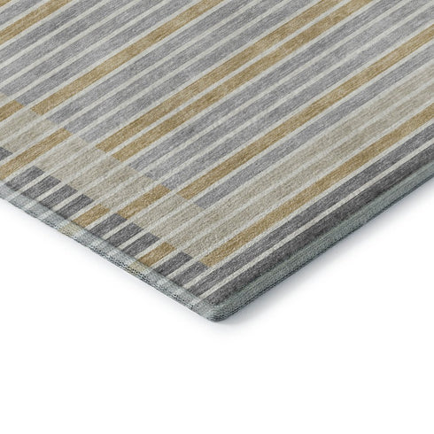 9' X 12' Gray Gold And Silver Striped Washable Area Rug With UV Protection