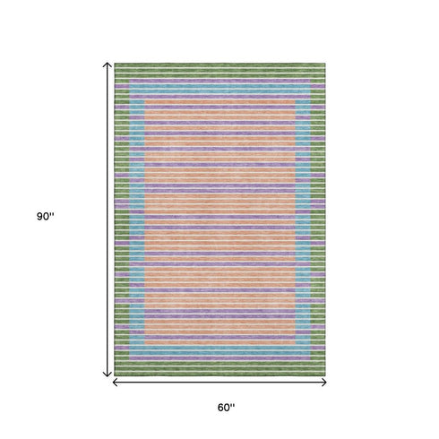 5' X 8' Lime Green Peach Teal And Purple Striped Washable Area Rug With UV Protection