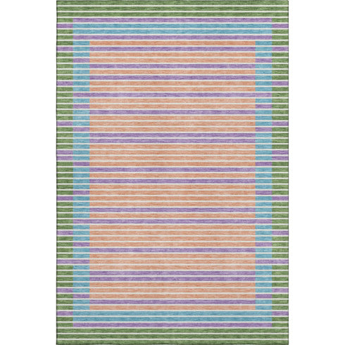 5' X 8' Lime Green Peach Teal And Purple Striped Washable Area Rug With UV Protection