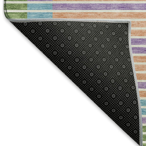 5' X 8' Lime Green Peach Teal And Purple Striped Washable Area Rug With UV Protection