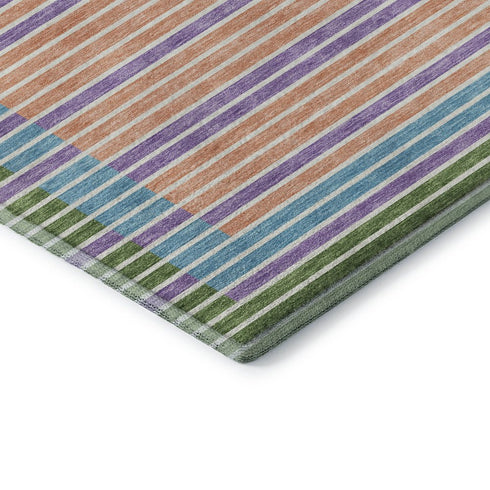 5' X 8' Lime Green Peach Teal And Purple Striped Washable Area Rug With UV Protection