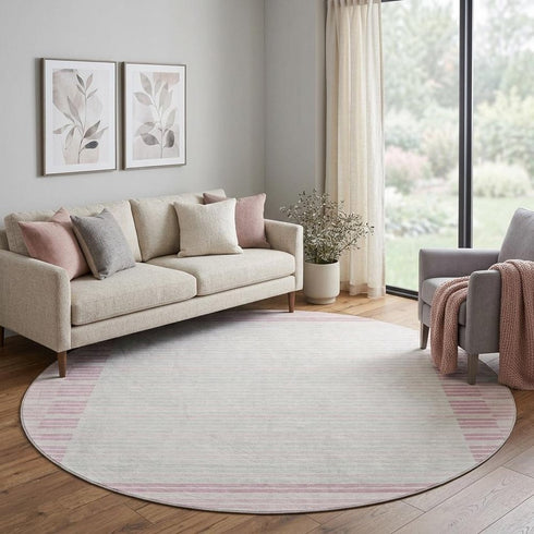 8' X 8' Pink Ivory And Mauve Striped Washable Round Rug With UV Protection