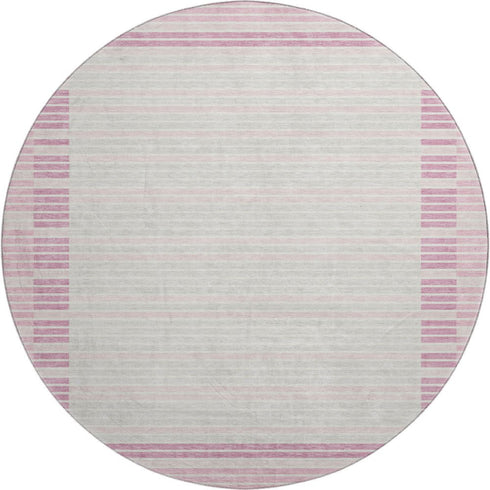 8' X 8' Pink Ivory And Mauve Striped Washable Round Rug With UV Protection