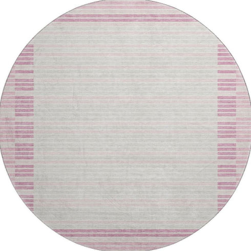 8' X 8' Pink Ivory And Mauve Striped Washable Round Rug With UV Protection