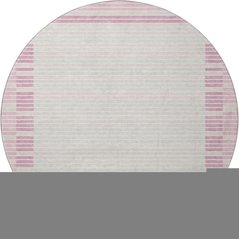 8' X 8' Pink Ivory And Mauve Striped Washable Round Rug With UV Protection
