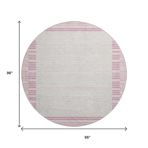 8' X 8' Pink Ivory And Mauve Striped Washable Round Rug With UV Protection