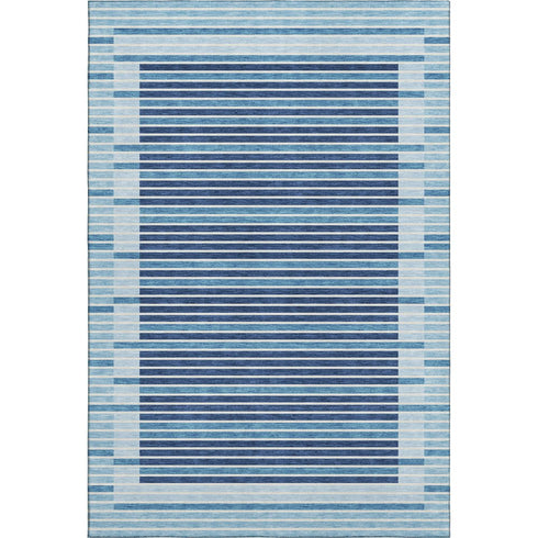 5' X 8' Sky Blue Ivory And Navy Blue Striped Washable Area Rug With UV Protection