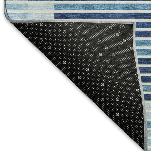 5' X 8' Sky Blue Ivory And Navy Blue Striped Washable Area Rug With UV Protection