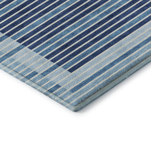 5' X 8' Sky Blue Ivory And Navy Blue Striped Washable Area Rug With UV Protection