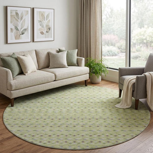 8' X 8' Artichoke Green Gray And Silver Striped Washable Round Rug With UV Protection