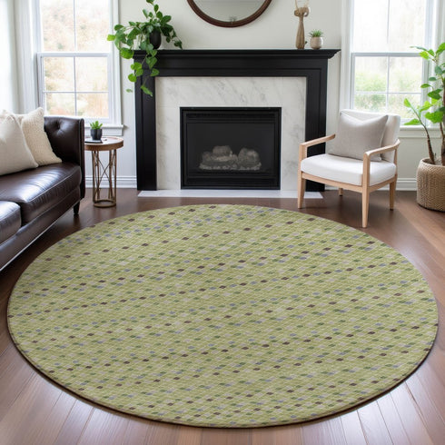 8' X 8' Artichoke Green Gray And Silver Striped Washable Round Rug With UV Protection